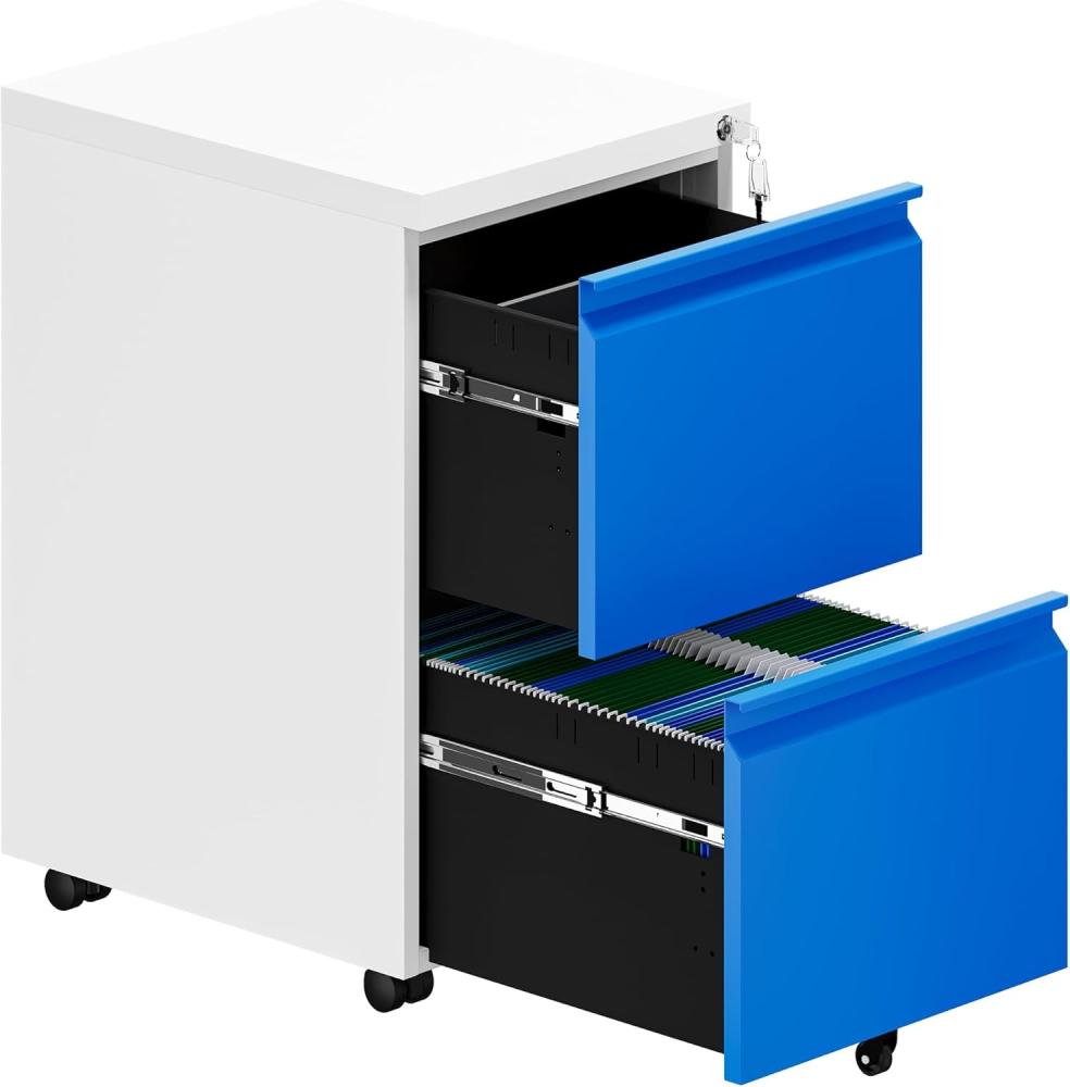 YITAHOME Rollcontainer mit Abschließbar 2 Schubladen, Mobiler Aktenschrank mit Rollen für A4, Legal, Letter, Metall Büroschrank für Home-Office, Hängeregistratur, Weiß + Blau, 51 x 39 x 71cm Bild 1