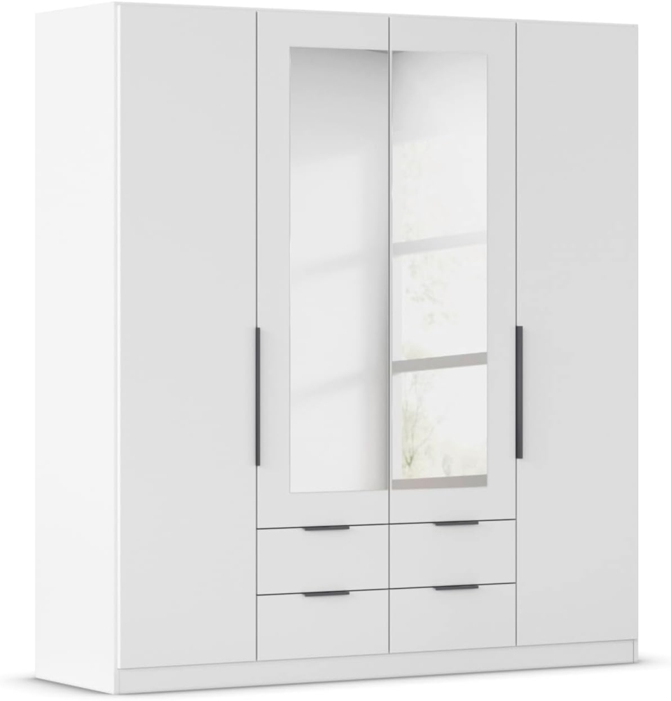 Rauch Möbel Belfast Kleiderschrank, Schrank, Garderobe, Organizer, 4-türig, mit Spiegel, 4 Schubladen für mehr Stauraum, Farbe Weiß, Kurze Griffleisten Grau metallic, 181 x 197 x 54 cm Bild 1