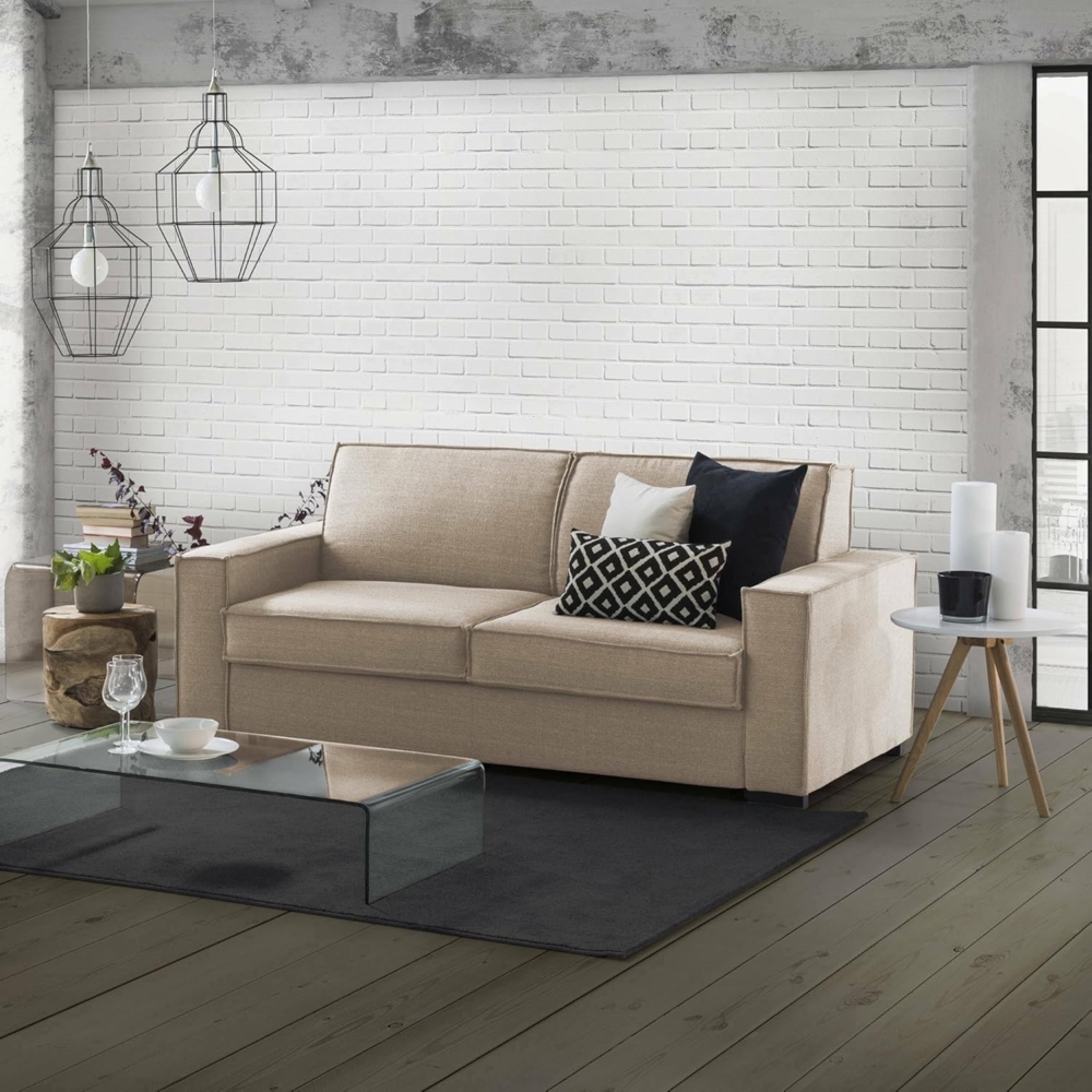 Talamo Italia - Festes Sofa Manuela, Großes 2-Sitzer-Sofa, 100% Made in Italy, Wohnzimmersofa aus Stoff, mit Standard-Armlehnen, Cm 200x95h90, Beige Bild 1