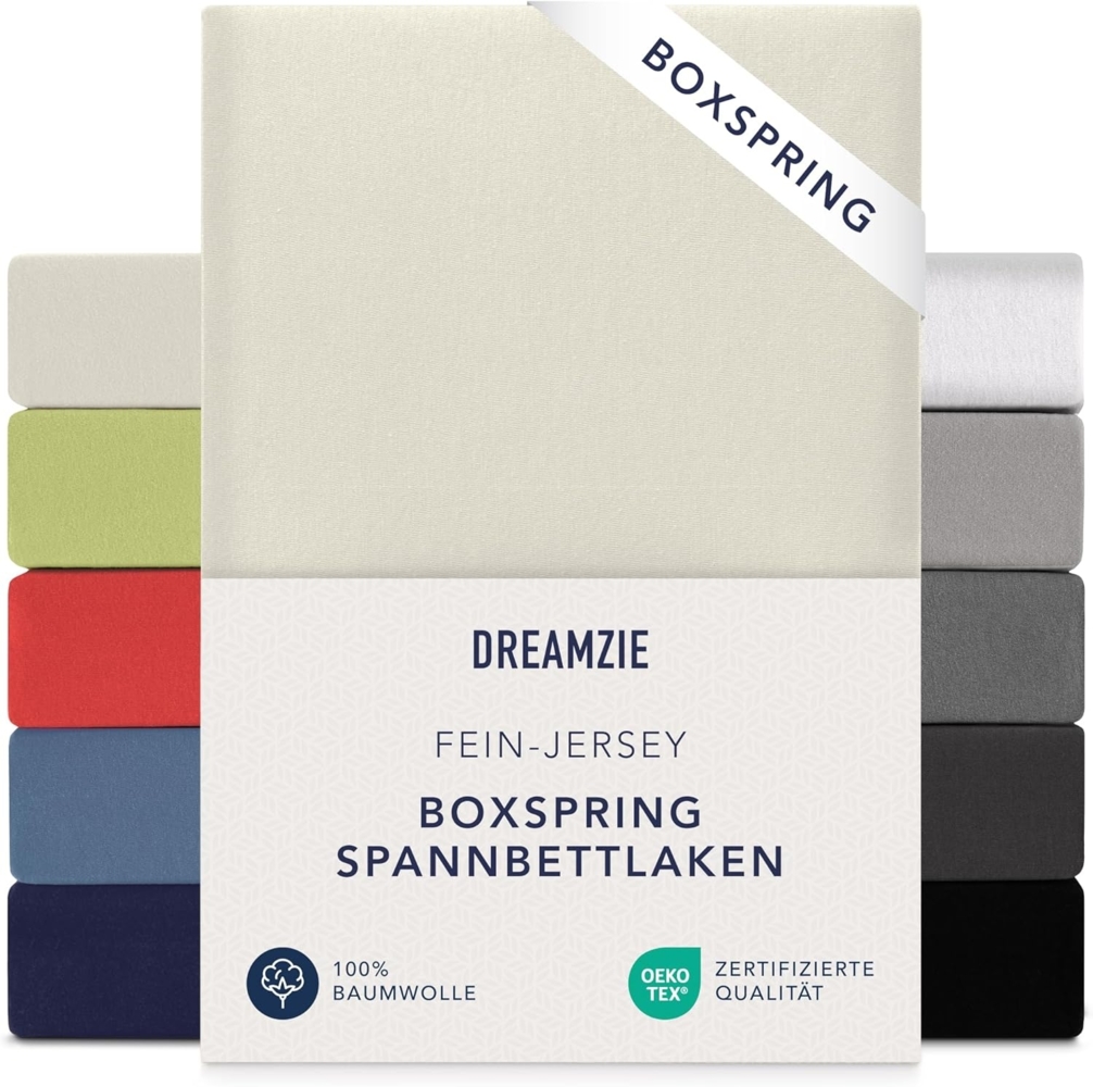 Dreamzie Premium Spannbettlaken 90x200 cm - 100x200 cm - 37cm Seitenhöhe - auch für Boxspringbett & Wasserbett - Bettlaken Boxspringbett 100% Jersey Baumwolle, 150 g/m² - Oeko-TEX - Beige Bild 1