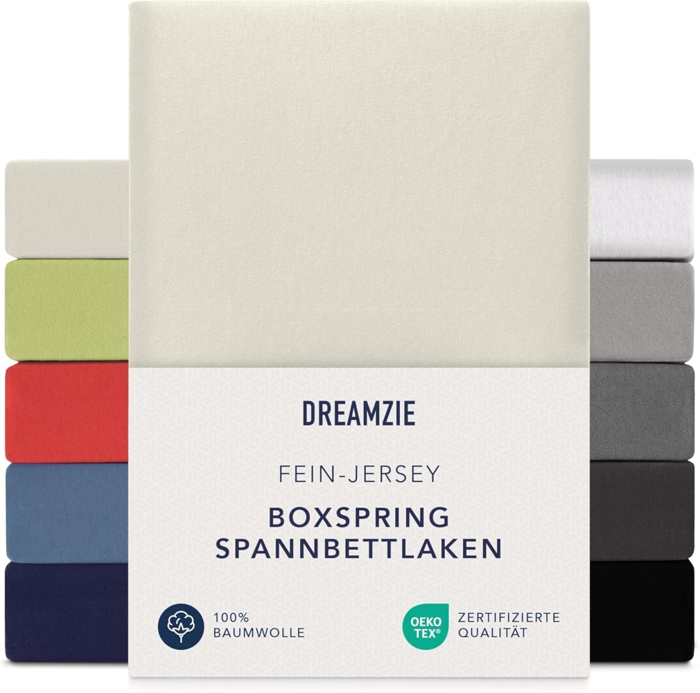 Dreamzie Premium Spannbettlaken 90x200 cm - 100x200 cm - 37cm Seitenhöhe - auch für Boxspringbett & Wasserbett - Bettlaken Boxspringbett 100% Jersey Baumwolle, 150 g/m² - Oeko-TEX - Beige Bild 1