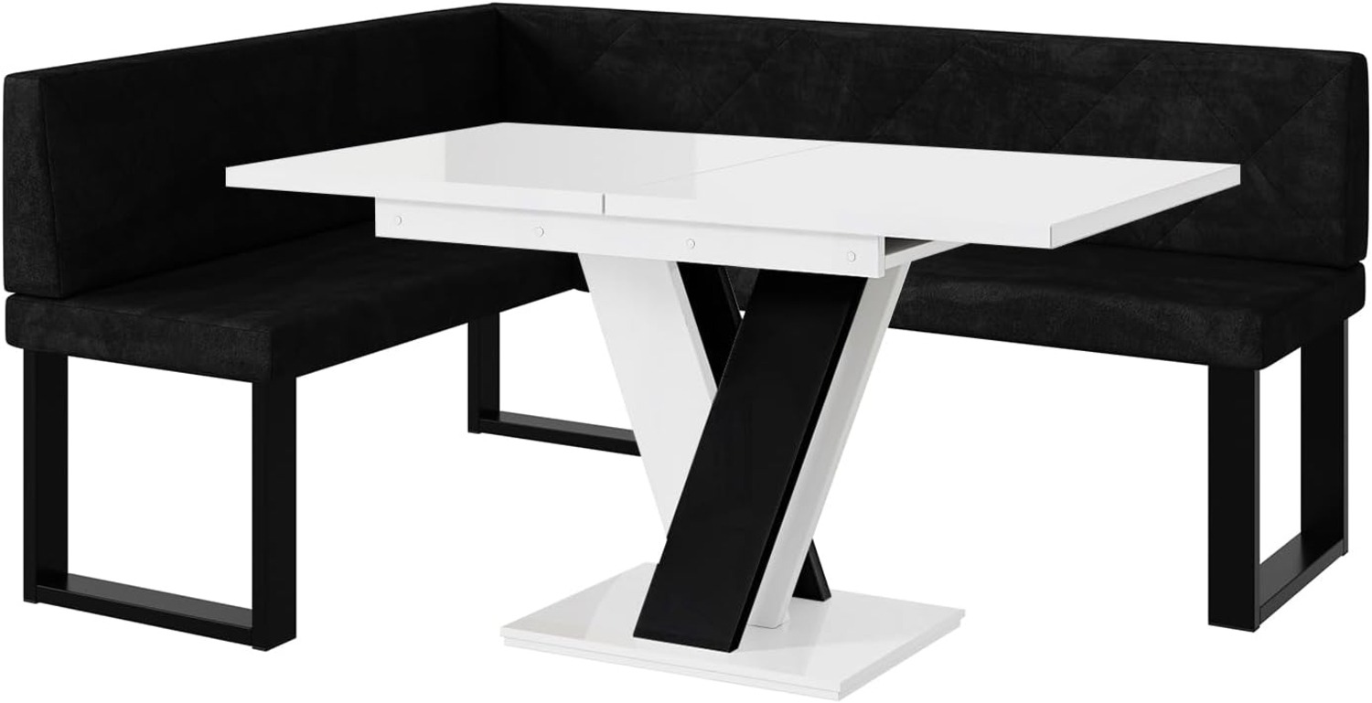 MEBLINI Eckbank für Esszimmer mit ausziehbarem Tisch - Küchenbank - Essecke - Sitzecke Küche - ERIC - U-Beine 128x168x87cm Links - Graphit Samt/M Weiß-Schwarz Hochgl. Bild 1