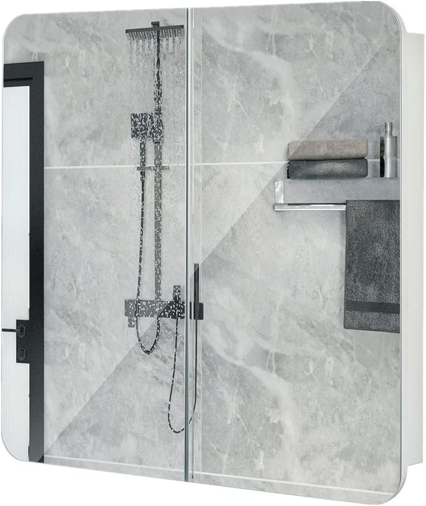 Meerveil Spiegelschrank, Badezimmerspiegel mit 2 Türen 5 Einlegeböden Holz Moderner Stil, 68 x 13 x 66 cm F1015BC12WT Weiß - Bogen Bild 1