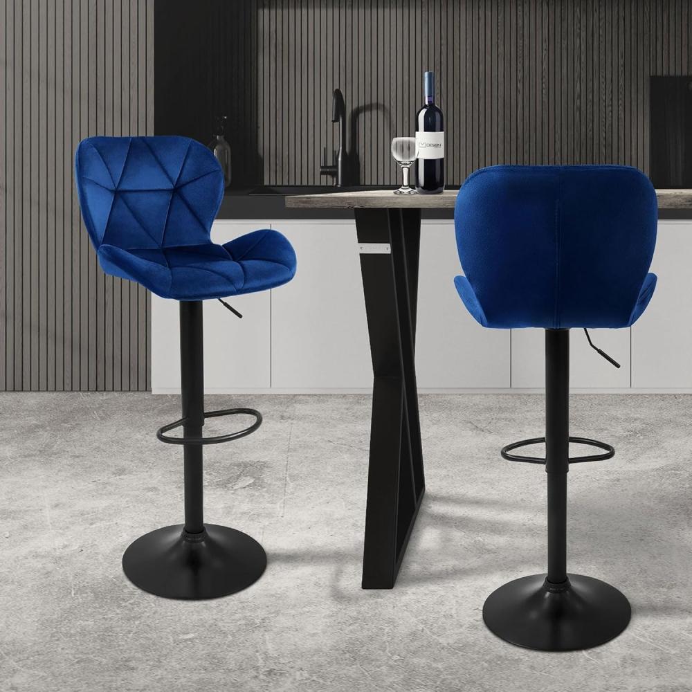 ML-DESIGN Barhocker Gepolsterter Barstuhl mit Rückenlehne und Fußstütze, 360° drehbar (Komplett-Set, 2 St), Bistrohocker aus Samt, Blau, Drehstuhl Hocker Tresenhocker Bild 1