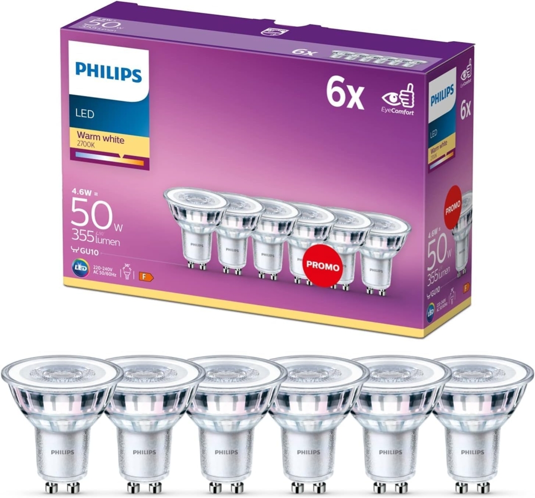 Philips LED Classic GU10 Lampen 6-er Pack (50 W), Reflektor LED Spots mit warmweißem Licht, energiesparende Lampen mit langer Nutzlebensdauer Bild 1