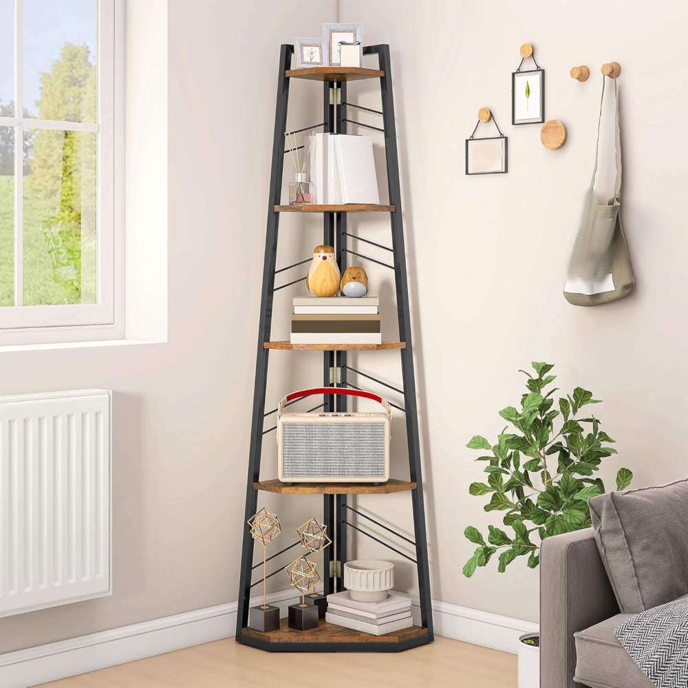 DWVO Eckregal 5 Ebenen, Eckbuchhandel mit Metallrahmen, Industrial Ladder -Bücherregal, Bodenständiges Displayregal, Hoher Speicherregal, für Wohnzimmer, Küche, Schlafzimmer, Vintagebraun Standregal Bild 1