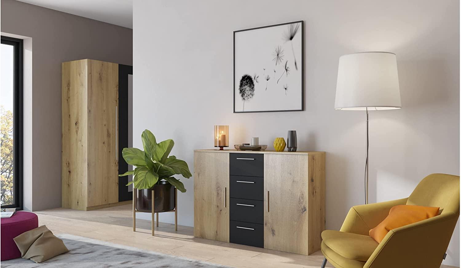 Stylefy Malina Kommode Eiche Artisan Hochglanz Schwarz Bild 1