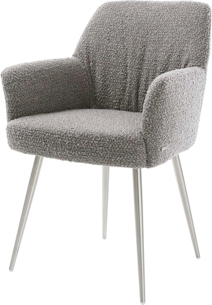 Esszimmerstuhl Xana-Flex mit Armlehnen Bouclé Silbergrau 4-Fuß konisch Edelstahl Taschenfederkern Bild 1