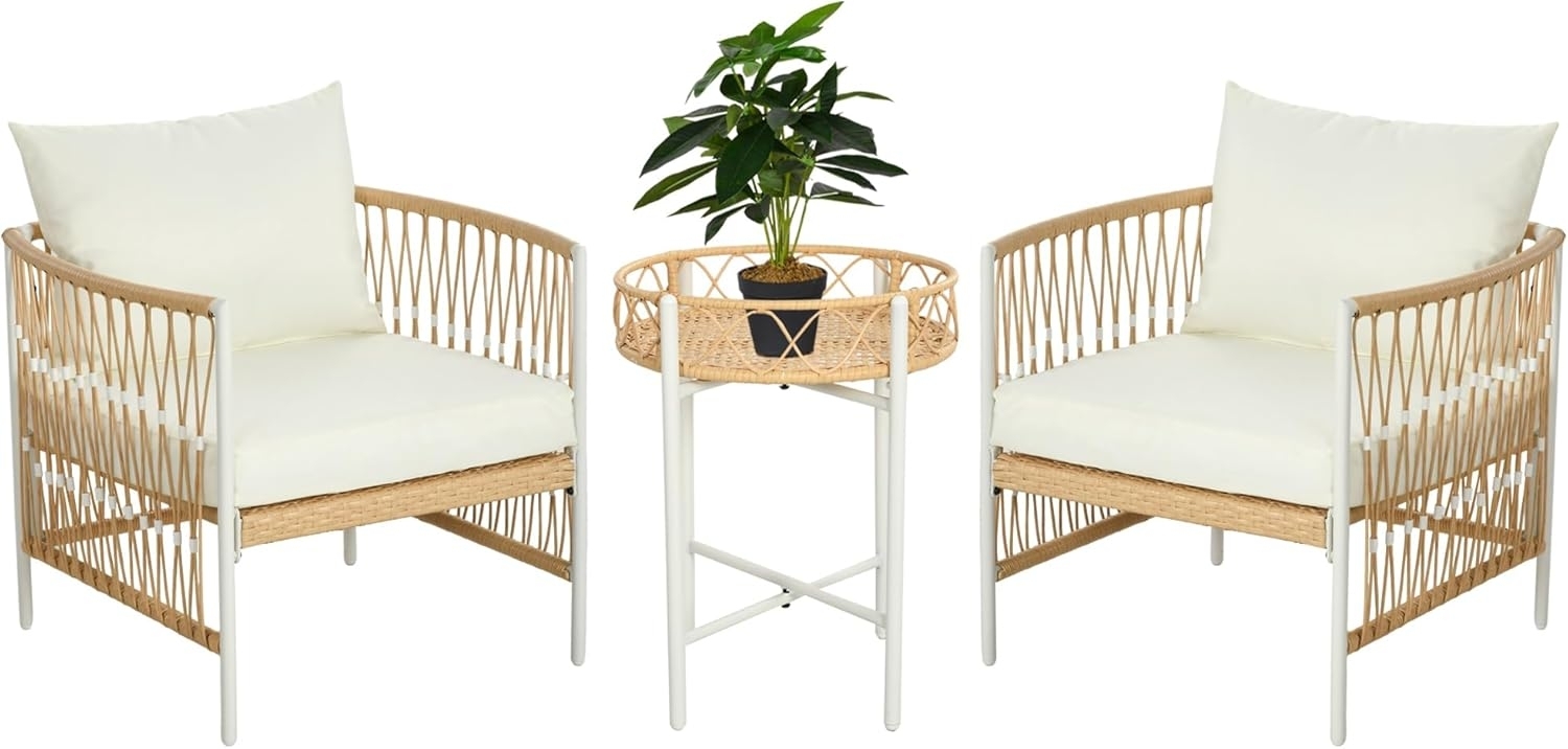 Outsunny Gartenlounge-Set Rattan Gartenmöbel-Set Gartengarnitur mit 2 Gartenstühle, Couchtisch, (Sitzgarnitur, 3-tlg, Balkonmöbel-Set), für Balkon, Terrasse, Gelb+Creme Bild 1