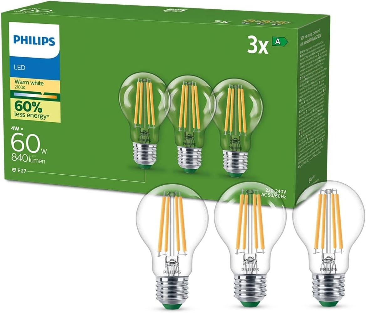 Philips Classic ultraeffiziente E27 LED Lampe, 60W, warmweiß, klar, 3-er Pack Bild 1
