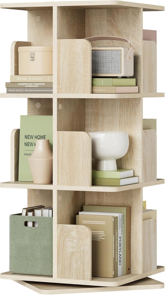 EUGAD drehbares Bücherregal, mit 3 Ebenen 12 Fächern, 360° Drehregal Standregal, für Wohnzimmer Arbeitszimmer Büro, 40 x 94,5 x 40 cm, helle Eiche Bild 1