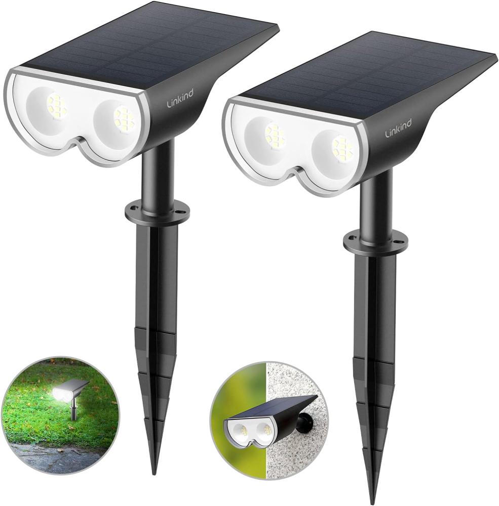 Linkind LED Solarlampen für Außen, Licht-Sensorik Solarleuchte, IP67 Wasserdicht Außenwandleuchte 650lm 6500K Tageslichtweiß Solarlicht, Solarbetrieben Strahler, 2 Stück Bild 1