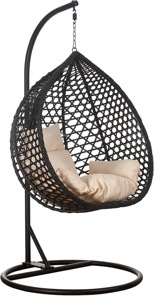 RAMROXX Hängesessel Hängesessel Style XXL Rattan Korb Schwarz mit Relaxkissen Beige Bild 1