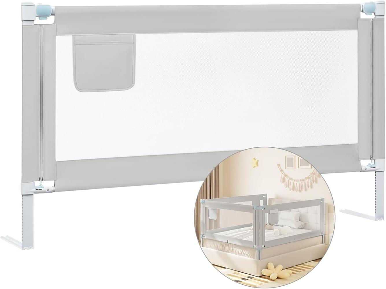 WOLTU Bettgitter, 150 cm Bettschutzgitter für Kinder Baby, Rausfallschutz Bett Boxspringbett Kinderbett Elternbett, Gitterschutz höhenverstellbar 69-87 cm, Oxford-Gewebe Metall, Hellgrau, KG003hgr01 Bild 1