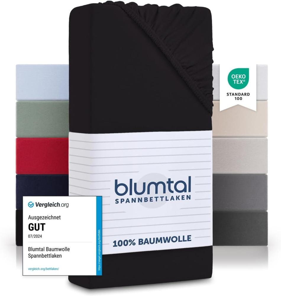 Blumtal® Baumwolle Spannbettlaken 90x190 cm Basics Jersey - Bettlaken 90x190 cm - Oeko-TEX zertifiziertes Spannbetttuch 90x190 cm - Matratzenbezug 90x190 cm - Leintuch - Bettbezug - Schwarz Bild 1