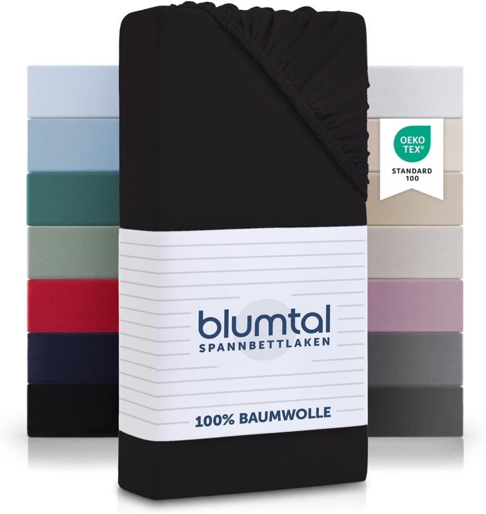 Blumtal® Baumwolle Spannbettlaken 90x190 cm Basics Jersey - Bettlaken 90x190 cm - Oeko-TEX zertifiziertes Spannbetttuch 90x190 cm - Matratzenbezug 90x190 cm - Leintuch - Bettbezug - Schwarz Bild 1