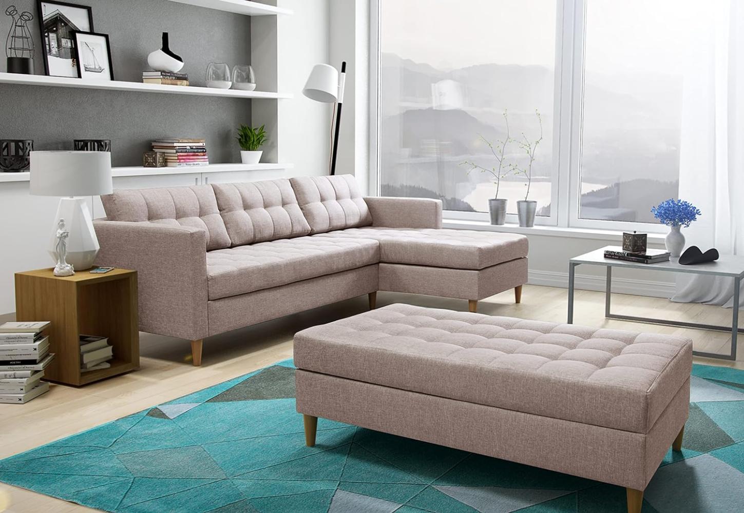 FURNIX Ecksofa NORGEN II Eckcouch mit Bettfunktion - Edle Wohnzimmersofa mit Hocker, Federkern, Holzfüßen - L-Form Sofa Links/rechts, B 220 x T 154 x H 86 cm, Bettfunktion SW 61 (beige) Bild 1