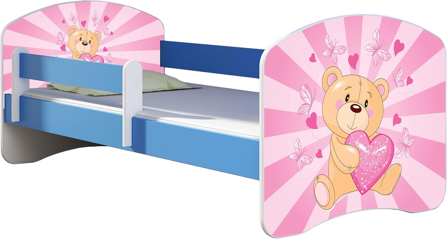 ACMA Kinderbett Jugendbett mit Einer Schublade und Matratze Blau mit Rausfallschutz Lattenrost II 140x70 160x80 180x80 (10 Teddybär, 180x80) Bild 1