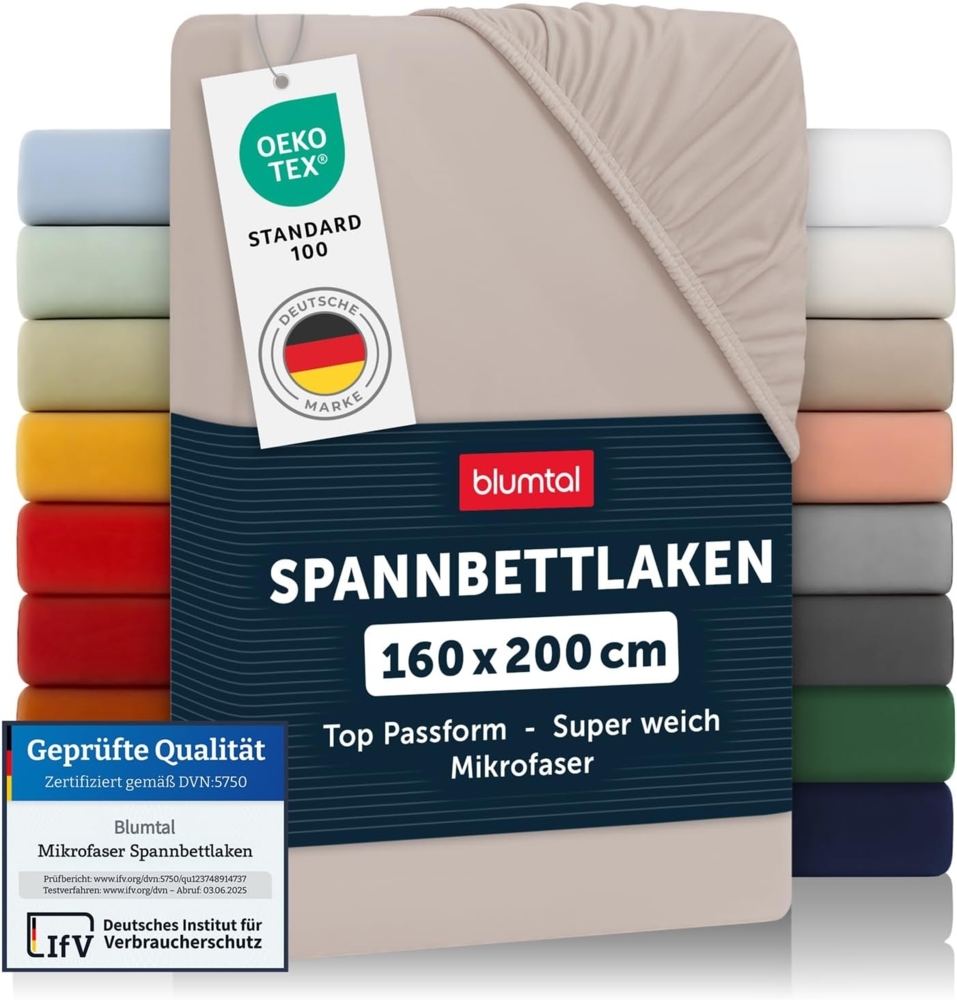 Blumtal® Spannbettlaken 160x200 cm aus Microfaser - Oekotex zertifiziertes Bettlaken 160x200 im 2er Set - Spannbetttuch 160x200 / Bettlaken 160x200 - Spannbettlaken - 160x200 cm Spannleintuch - Taupe Bild 1