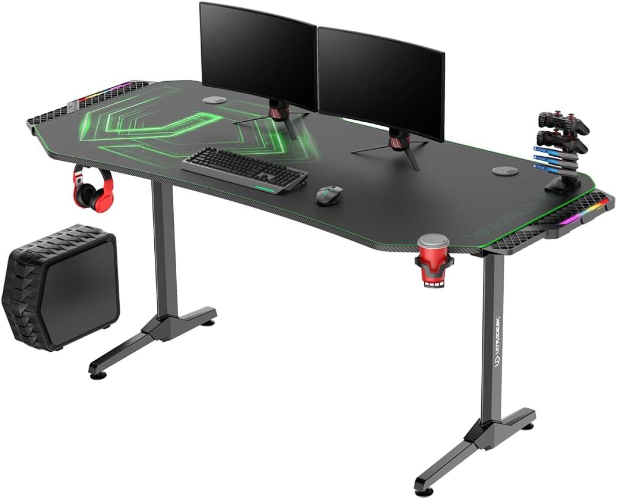 ULTRADESK Frag XXL RGB LED | Gaming-Schreibtisch mit großer Arbeitsfläche & XXL-Pad, 2 Kabeldurchlässe | Gut für Home Office, Fach für Steckdosenleisten | Stahlgestell, Grünes Pad, 160x75 cm Bild 1