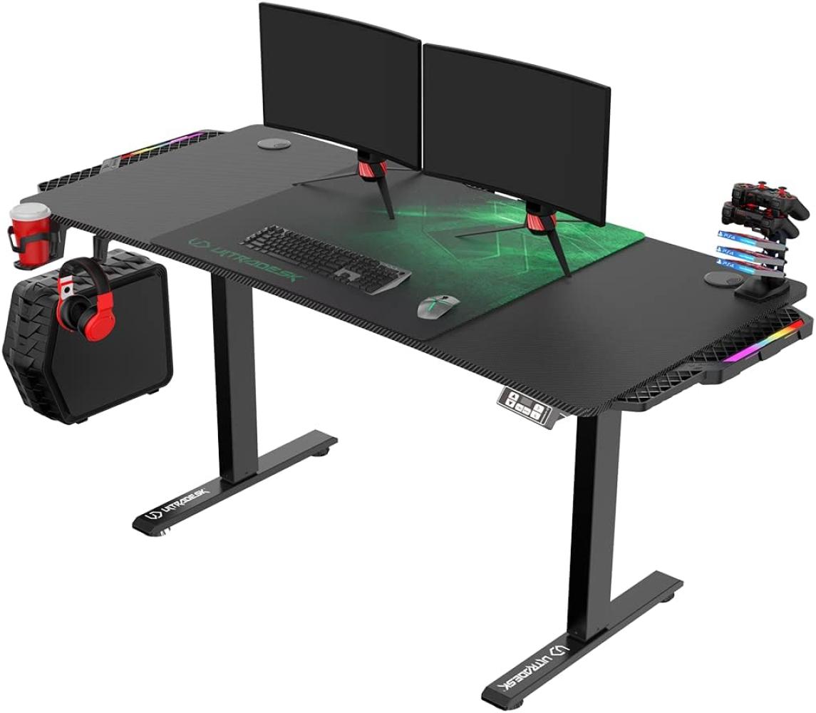 ULTRADESK Level RGB LED | Gaming-Schreibtisch mit elektrischer Höhenverstellung | Interner Speicher für 2 Einstellungen | Steckdosenleiste, XXL-Mauspad | Stahlgestell, Grünes Pad, 140x66 cm Bild 1