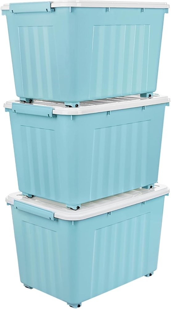 Cetomo 55L*3 Aufbewahrungsboxen mit Deckeln, Kunststoff-Aufbewahrungsbox mit Rollen und Clips, Kunststoffbox für Zuhause und Büro, BPA-frei, Nestbar, Stapelbar, Blau, 55L-3er Pack Bild 1