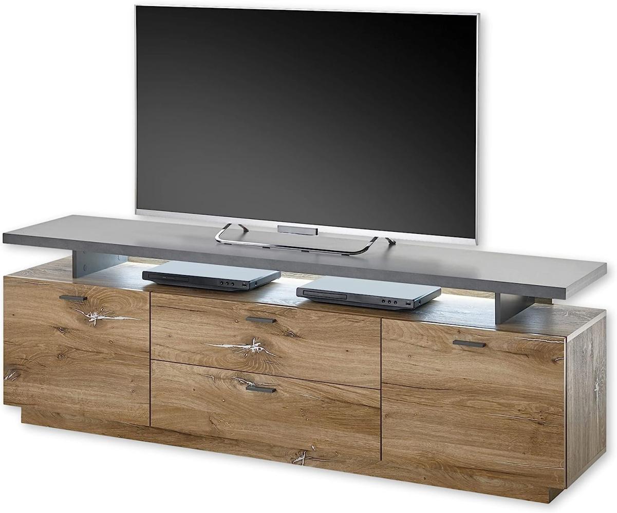 Stella Trading Kingston TV-Lowboard mit Schubladen in Flagstaff Eiche Optik, Graphit - TV Schrank mit Beleuchtung für Ihr Wohnzimmer - 175 x 58 x 38 cm (B/H/T) Bild 1