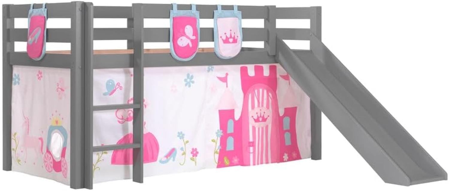 Vipack Spielbett 'Pino' inkl. Rutsche grau, mit Textilset Vorhang und 3 Taschen 'Princess' Bild 1