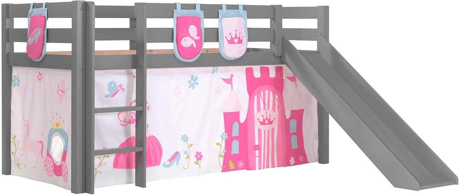 Vipack Spielbett 'Pino' inkl. Rutsche grau, mit Textilset Vorhang und 3 Taschen 'Princess' Bild 1