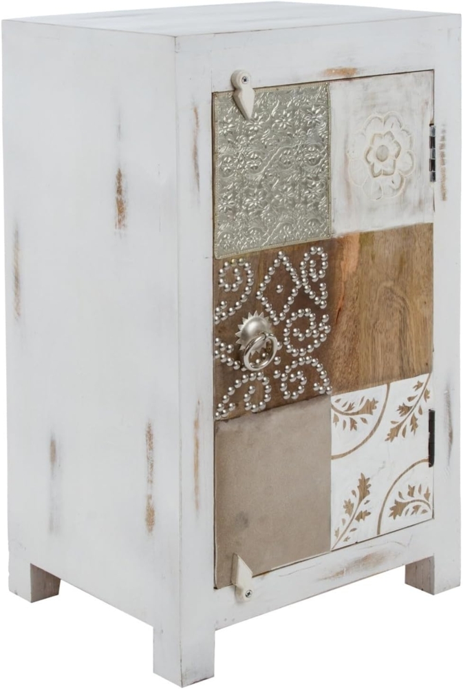 Kommode Santosh 40 x 32 x 70 cm Tannen-Holz Weiß mit Fachboden und Türfrontdekor Bild 1