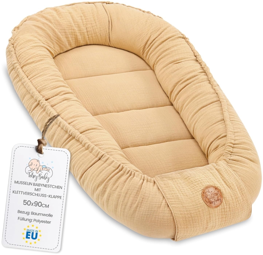 Babynest babynestchen neugeborene mit tragegriff 90x50 cm baby nestchen tragbar nest für bett kinder kuschelnest coccon für Jungen und Mädchen Beige Musselin C Bild 1