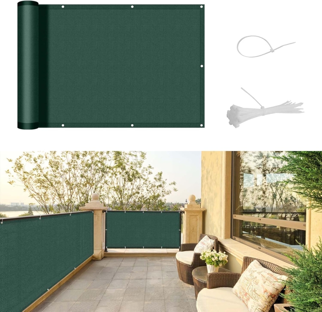 SUNNY GUARD Balkon Sichtschutz 150x600 cm Balkonabdeckung PES UV-Schutz Balkonverkleidung wetterfester,mit Kabelbinder,Verde Bild 1