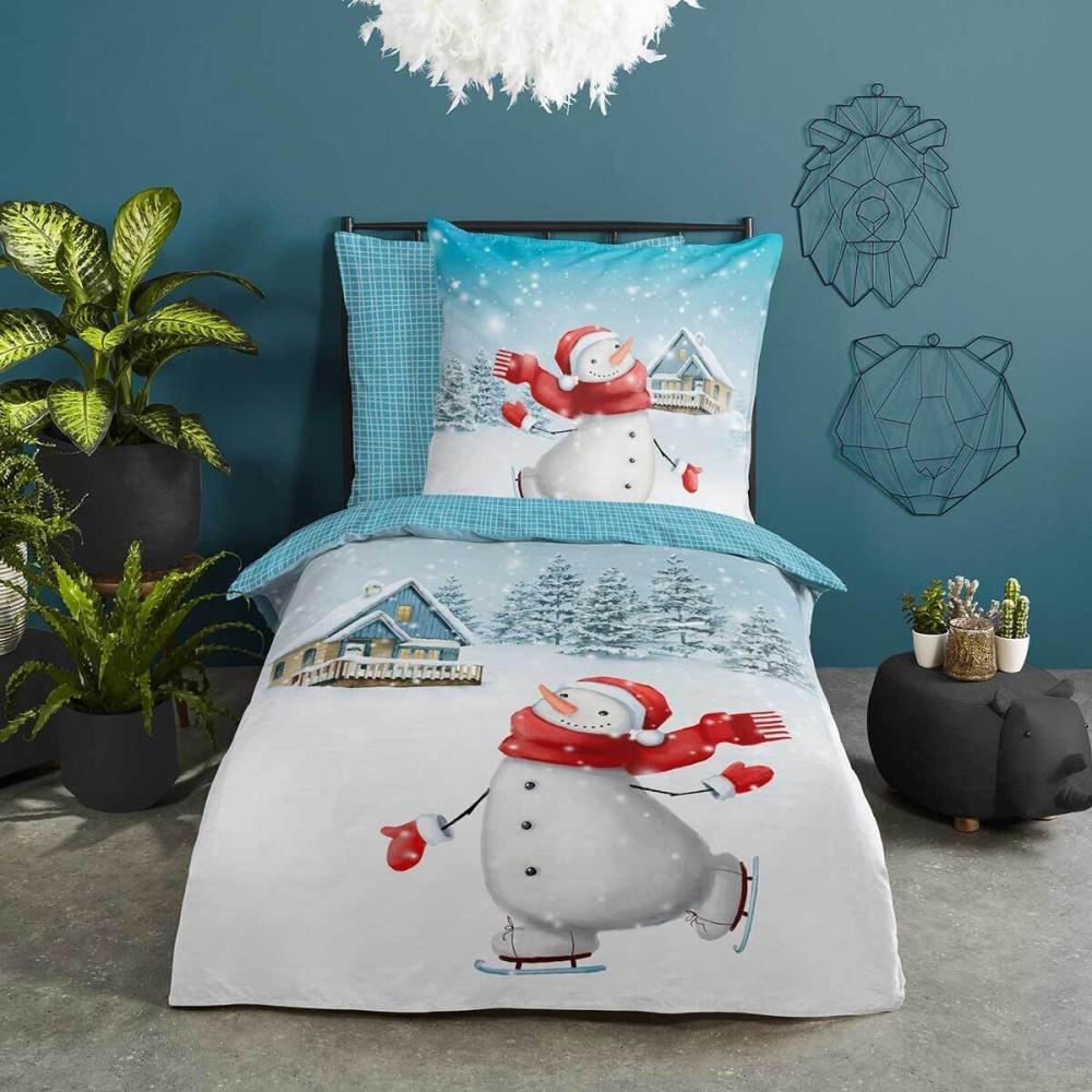 Good Morning Kids Flanell Bettwäsche 135x200 Snowman Schneemann Winter blau 30915 Bild 1