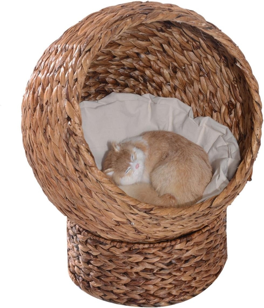 PawHut Tierhaus Rattan Katzenbett mit Kissen, Haustierbett Wasserhyazinthe, Hellbraun, 50L x 42B x 60H cm Bild 1