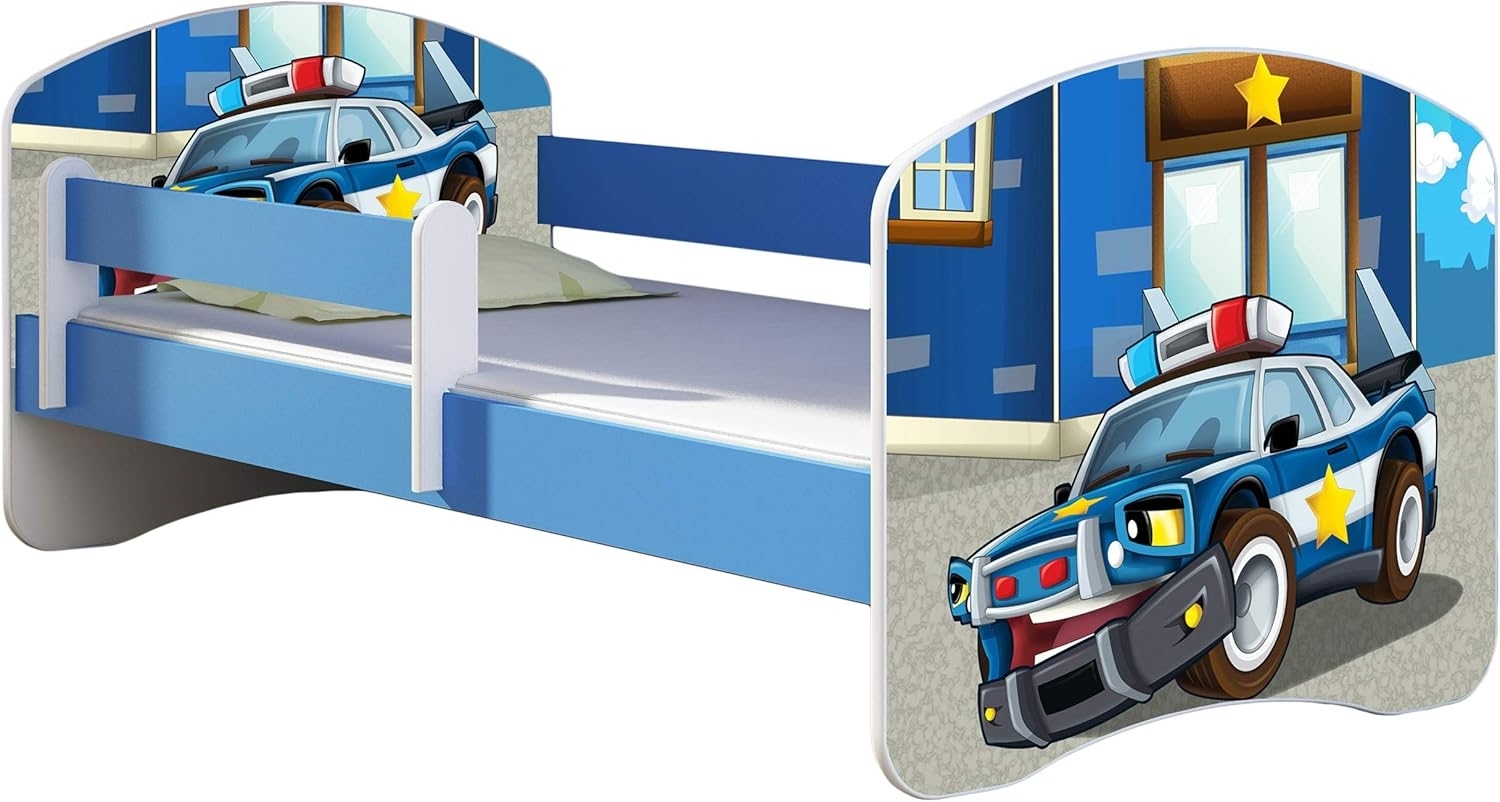 ACMA Kinderbett Jugendbett mit Einer Schublade und Matratze Blau mit Rausfallschutz Lattenrost II 140x70 160x80 180x80 (38 Polizei, 160x80) Bild 1