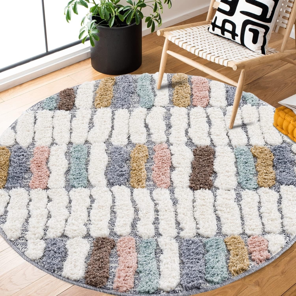 Teppich Rund - Hochflor Weich - 160x160cm - Boho Design - Pastellfarben Multi - Steinoptik Abstrakt - Skandinavisch Flauschig - Schlafzimmer Dekoration Bild 1