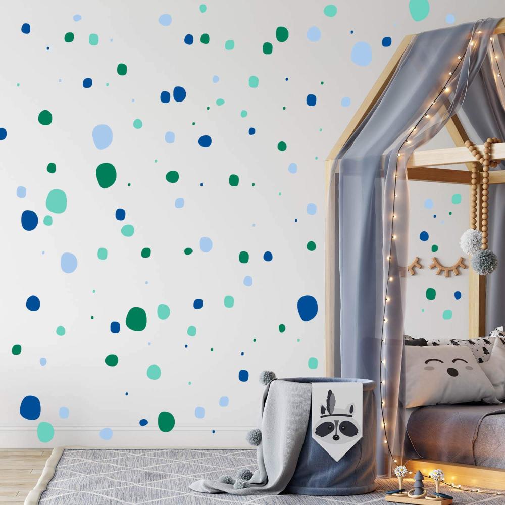 TUPFEN DOTS Wandtattoo 128 Stück | rund & handgezeichnet Punkte | Konfetti AUFKLEBER Kindergarten | unregelmäßige Punkte Wandsticker Kinderzimmer VIERFARBIG (BLUE GREEN) Bild 1