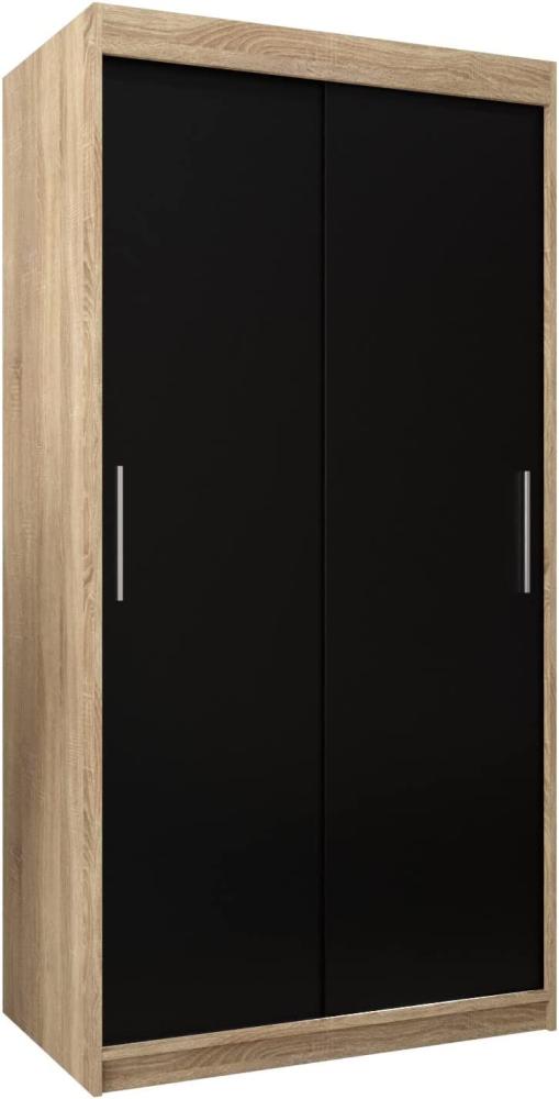 Schwebetürenschrank Tokyo 100 cm Kleiderschrank mit Kleiderstange und Einlegeboden Schlafzimmer- Wohnzimmerschrank Schiebetüren Modern Design (Sonoma + Schwarz) Bild 1