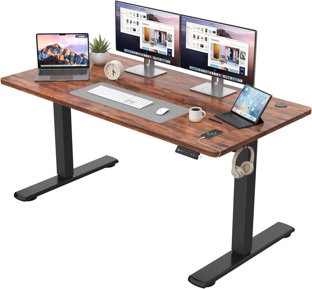 JUMMICO Höhenverstellbarer Schreibtisch KOMPLETTE TISCHPLATTE Elektrischer Schreibtisch Höhenverstellbar mit Memory-Funktion Steh-Sitz Tisch Computertisch 140x60 cm Braun Bild 1
