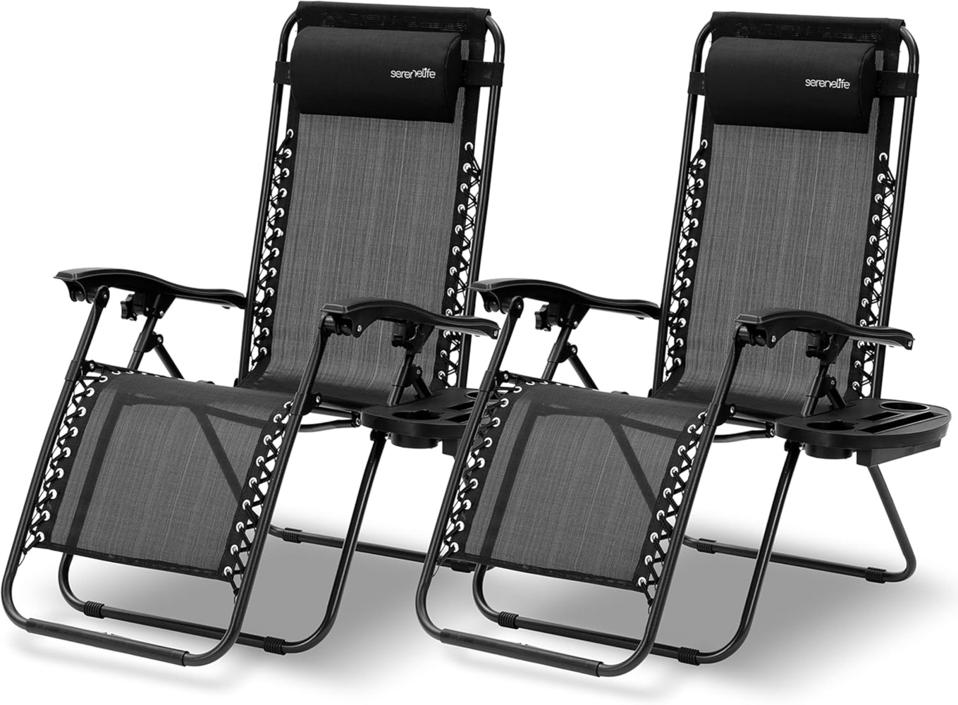 SereneLife Liegestuhl, Gartenliege Klappbar, Strandliege Verstellbar mit Seitentisch, Kopfkissen & Getränkehalter, Sonnenstuhl für Balkon, Garten, Terrasse & Camping, Deckchair 2 Personen Schwarz Bild 1