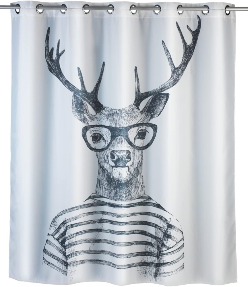 WENKO MR. DEER Duschvorhang 180 x 200 cm, Weiß/Grau, waschbar, Polyester Bild 1