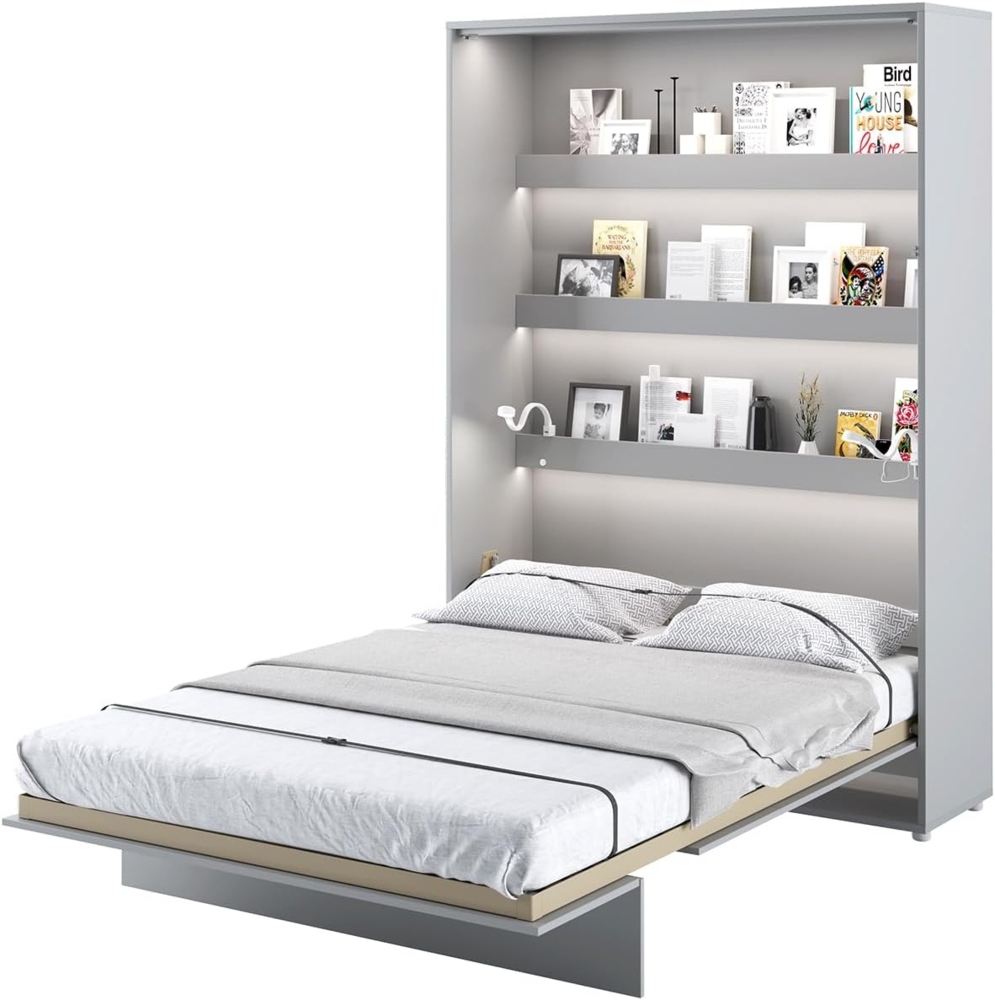 MEBLINI Schrankbett Bed Concept - BC-01 - 140x200cm Vertikal - Grau Matt mit Matratze - Wandbett mit Lattenrost - Klappbett mit Schrank - Wandklappbett - Murphy Bed - Bettschrank Bild 1