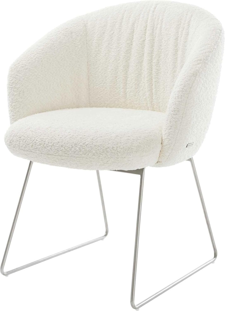 Esszimmerstuhl Caja-Flex mit Armlehnen Bouclé Weiß Kufengestell Edelstahl Taschenfederkern Bild 1
