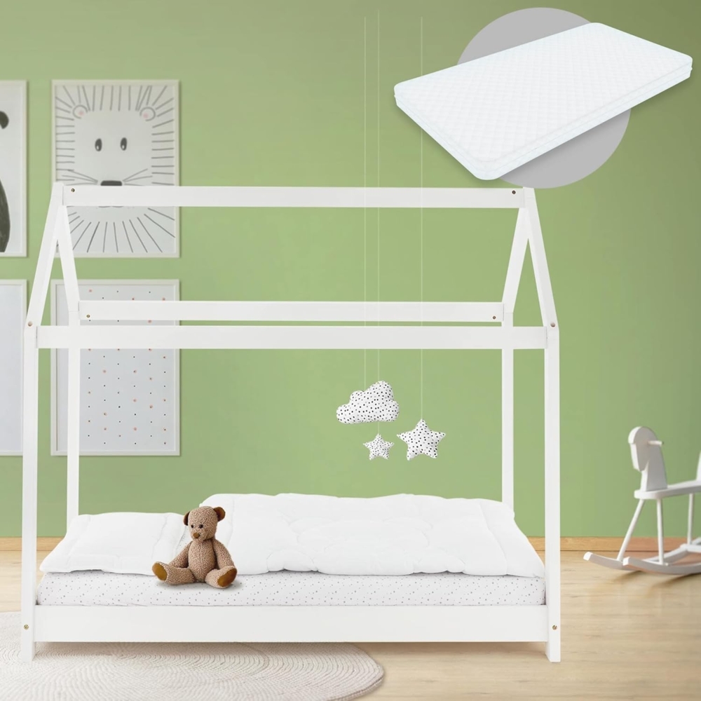 ML-DESIGN Kinderbett Hausbett Spielbett inkl. Lattenrost kreativ Bodenbett für Kinder, Abenteuerbett, Haus Bett Himmelbett Kiefer Jugendbett Weiß Bild 1