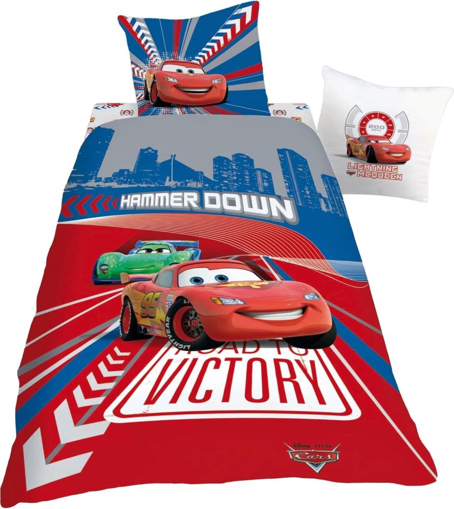 BERONAGE Kinderbettwäsche Disney Cars Double Cross Rot Bettwäsche Linon / Renforcé Bettbezug, 100% Baumwolle, 2 teilig, 135x200 + 80x80 cm Bild 1