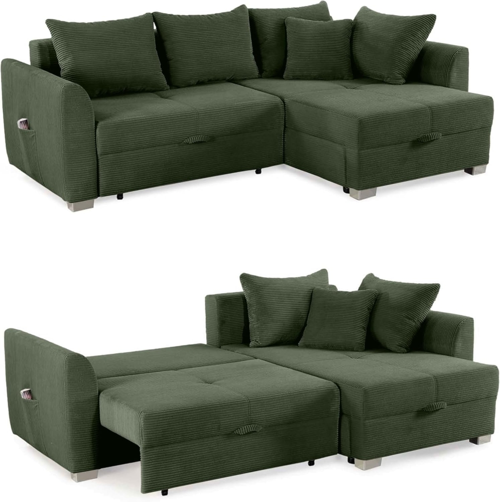 luma-home Ecksofa 15207, mit Bettkasten 236x160 cm, Bettfunktion, Ottomane links oder rechts, Cord Grün Bild 1