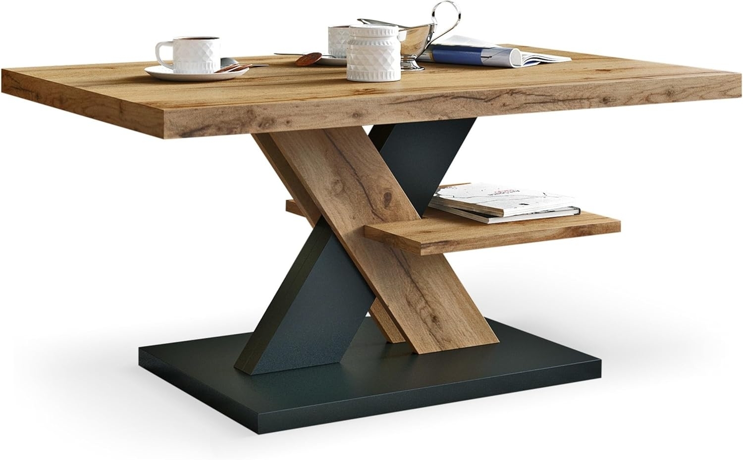 Viosimc Moderner Wohnzimmertisch, Couchtisch Eiche Wotan & Schwarz, Wohnzimmer Sofatisch Kaffeetisch, Modern Matt Sofa Tisch mit Großer Ablage, Mittel- oder Beistelltisch für Tee und Kaffee Bild 1