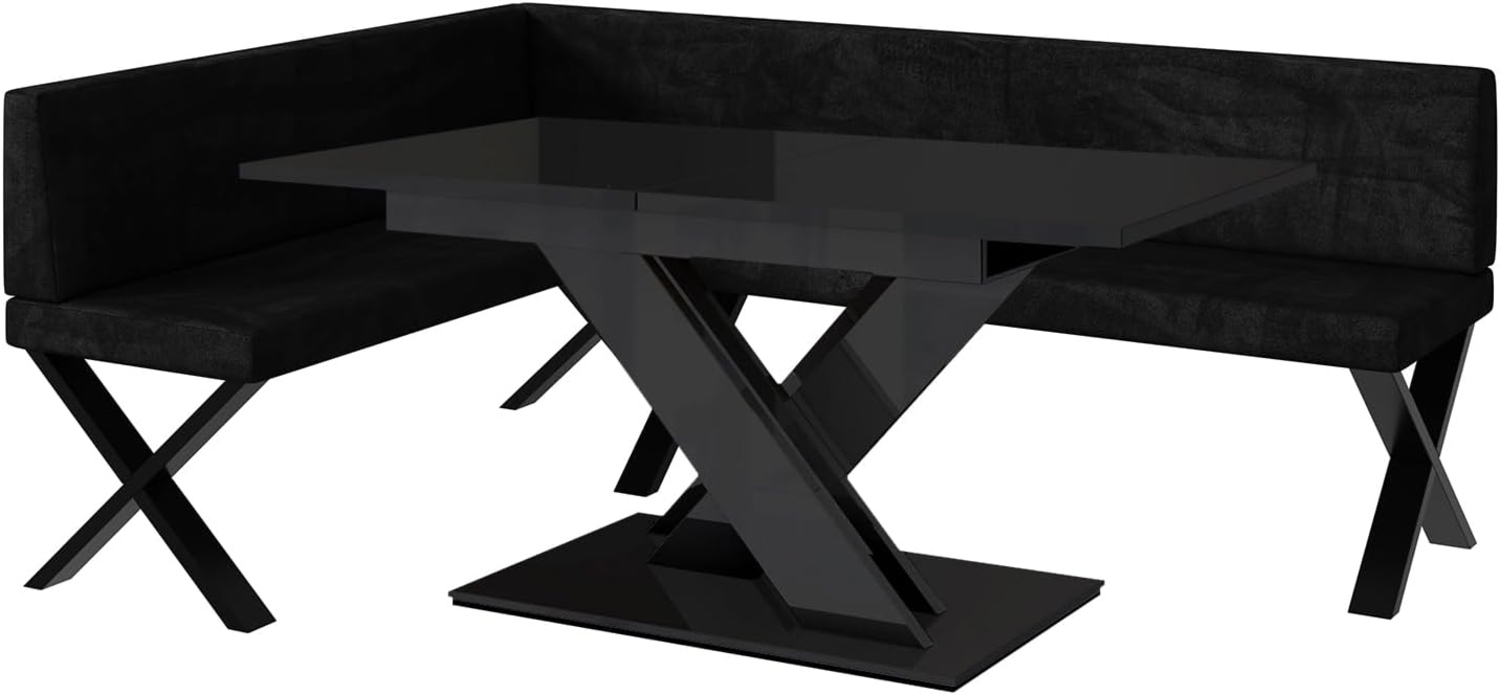 MEBLINI Eckbank für Esszimmer mit ausziehbarem Tisch - Küchenbank - Essecke - Sitzecke Küche - TONI - X-Beine 142x196x87cm Links - Schwarz Samt/B Schwarz Hochgl. Bild 1