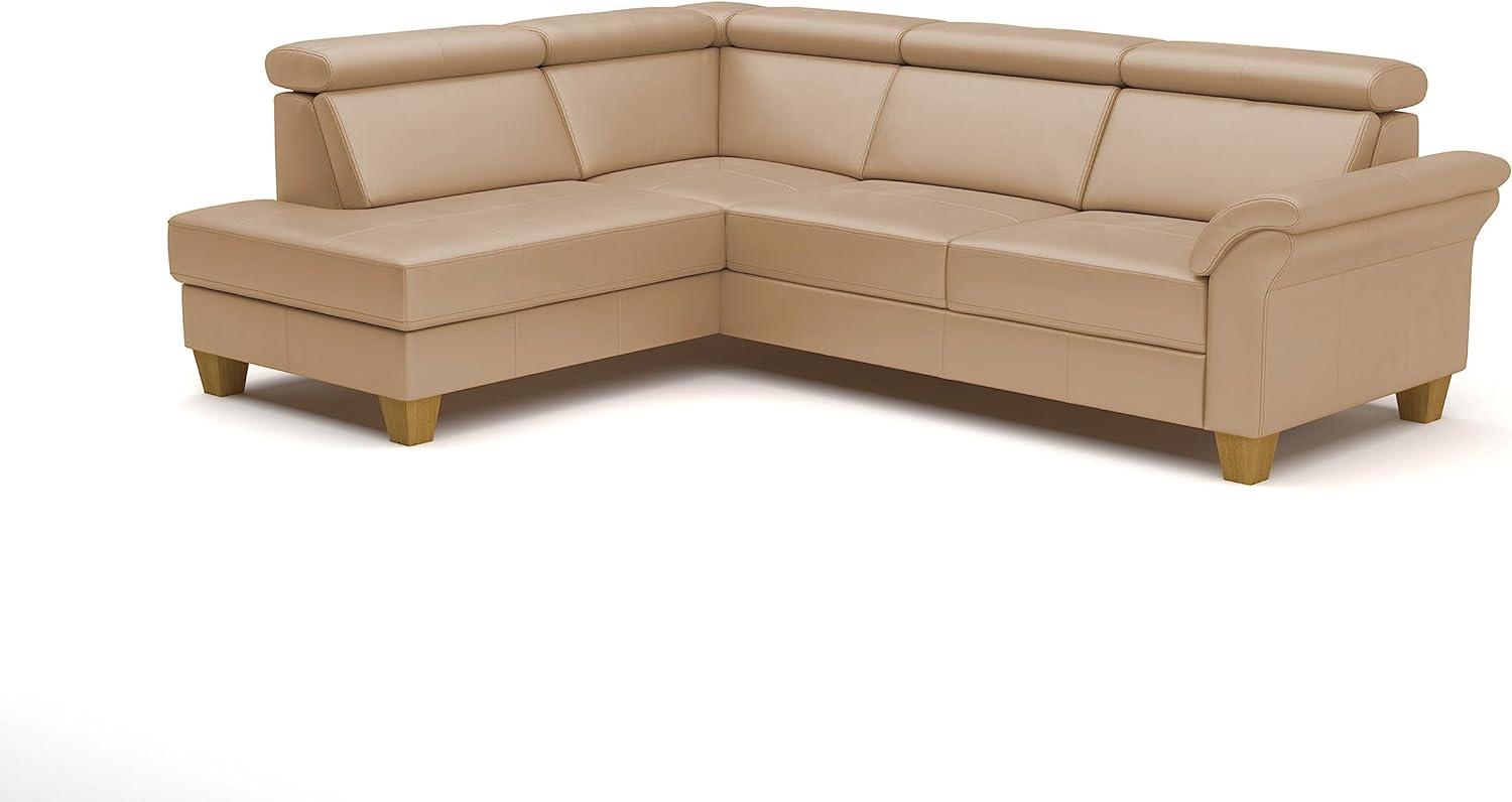 CAVADORE Leder-Schlafcouch Ammerland mit Ottomane / Landhaus-Sofa mit Federkern, Bett, Bettkasten + Kopfteilverstellung / 245 x 84 x 194 / Leder Beige Bild 1