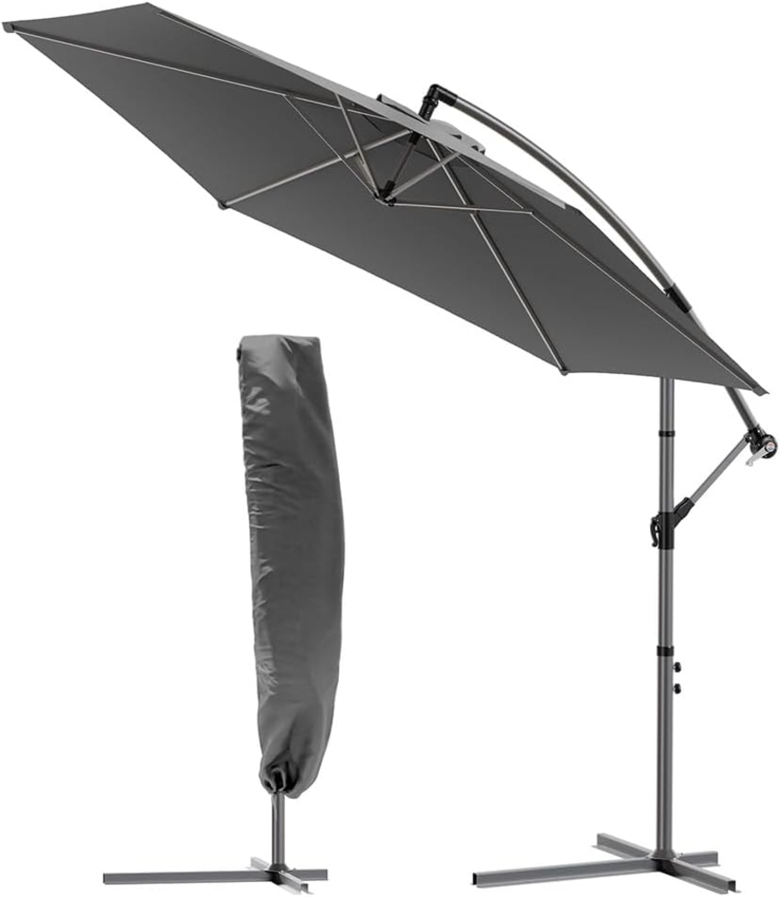 VOUNOT Ampelschirm 300 cm, Sonnenschirm mit Kurbelvorrichtung, Kurbelschirm mit Schutzhülle, Sonnenschutz UV-Schutz, Gartenschirm Marktschirm, Grau Bild 1